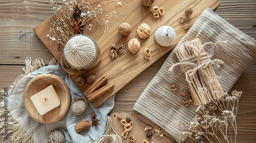 The image presents a rustic, autumnal flat lay arrangement on a wooden surface. It includes a variety of objects such as dried plants, cinnamon sticks, star anise, walnuts, and dried orange slices arr photo