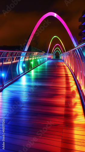 Vibrantly lit, rainbow-colored bridge at night with arches creating tunnels of light.