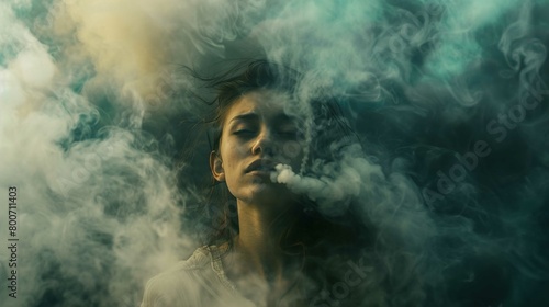 A young woman appears enveloped in a thick, swirling mist or smoke, which obscures much of her surroundings. The smoke drifts around her face and body, creating an ethereal and mysterious atmosphere. 
