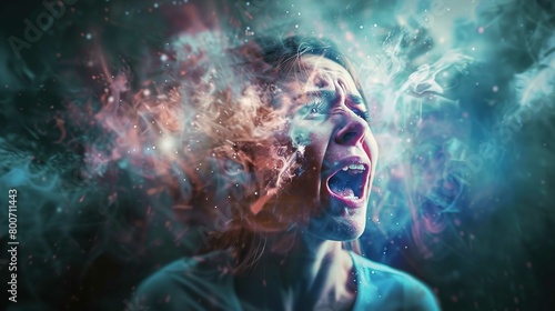 The image displays a highly stylized portrait of a person in profile screaming or expressing a strong emotion. The person's face is partially disintegrating into a swirl of vivid particles and cosmic,