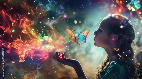 A young girl is profiled against a dark, mystical backdrop, lit by iridescent colors and bokeh light effects. She gently extends her hand upwards, and a vibrant butterfly with outspread wings perches 