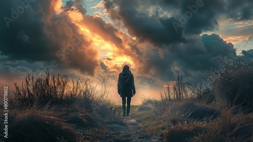 A solitary figure, back to the viewer, stands in the center of the frame on a narrow path surrounded by wild grasses and shrubs. The person appears to be a woman based on the silhouette, wearing a coa photo