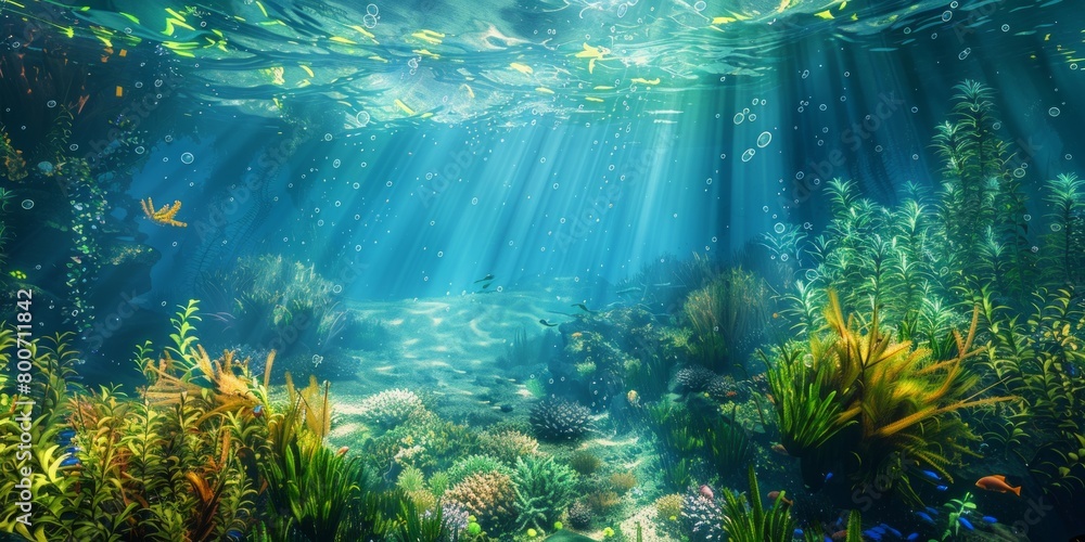 Vibrant blue ocean teeming with colorful fish and marine flora. Underwater paradise.
