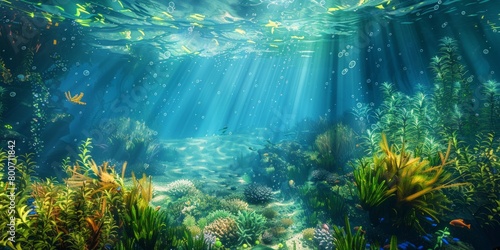 Vibrant blue ocean teeming with colorful fish and marine flora. Underwater paradise. © Irfanan