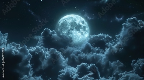 full moon surrounded by clouds, starry sky background
