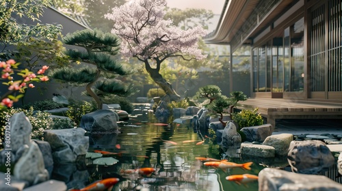 tranquil Zen garden room with a koi pond, bonsai trees, and stone pathways, 3d, illustration photo