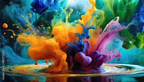 Abstract color paint drops falling and mixing on water. Colorful ink clouds mix in transparent liquid. Vibrant multicolor splash inside fluid.