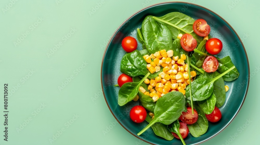 salad with cherry tomatoes, spinach leaves and sweet corn on a light green background generative ai salad with cherry tomatoes, spinach leaves and sweet corn on a light green background generative ai