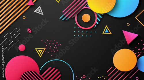 Colorful stripes, dots and shapes on black