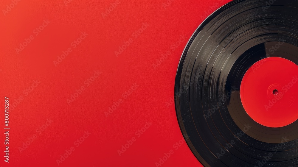 Black vinyl record on red background with copy space Black vinyl record on red background with copy space