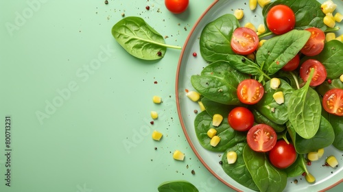 salad with cherry tomatoes, spinach leaves and sweet corn on a light green background generative ai