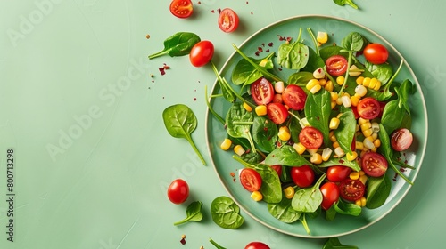 salad with cherry tomatoes  spinach leaves and sweet corn on a light green background generative ai