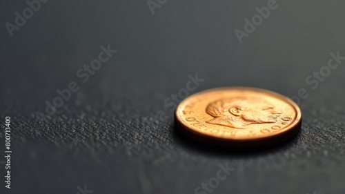 Close-up of copper coin on dark surface with shallow depth field