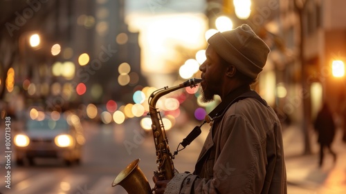 Musician playing saxophone on urban street at dusk