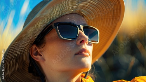 Woman with sunglasses and hat looking up into sky