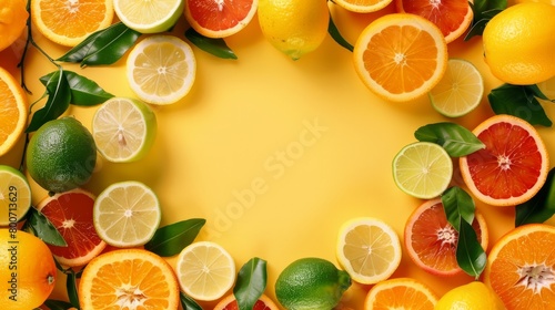 A composition of citrus fruits (lemons, limes, oranges) cut into slices generative ai