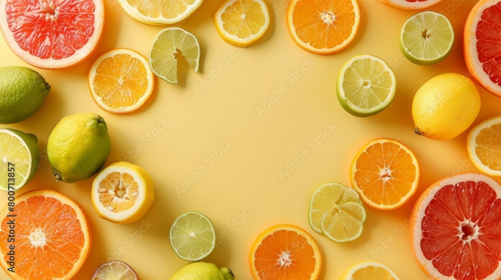 A composition of citrus fruits (lemons, limes, oranges) cut into slices generative ai A composition of citrus fruits (lemons, limes, oranges) cut into slices generative ai