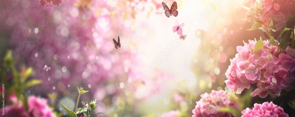 The background is a view of pink flowers blooming in spring The background is a view of pink flowers blooming in spring