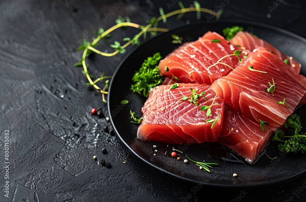 Tuna fillet slices on a black plate fresh raw tuna meat slices