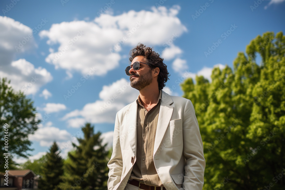 Smiling Man in Suit Enjoying Sunlight Outdoors Smiling Man in Suit Enjoying Sunlight Outdoors