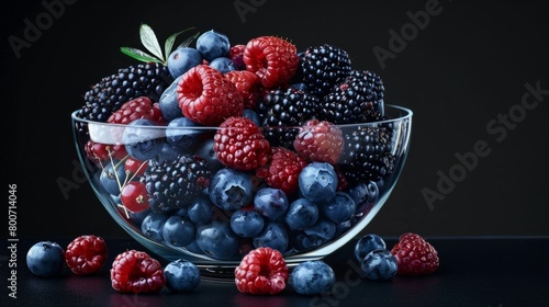 A composition of forest fruits (blueberries, blackberries, raspberries) arranged in a glass container generative ai