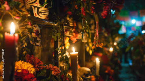 A vibrant and colorful altar  complete with candles  skull decorations  and traditional Mexican food items