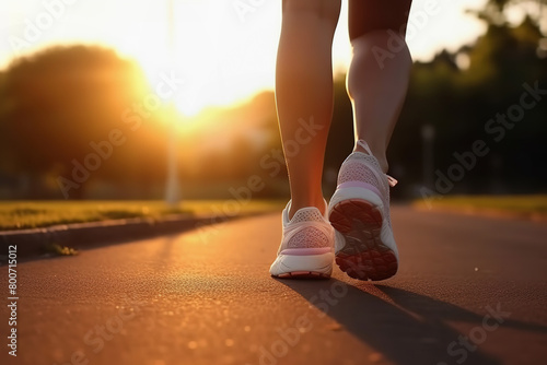 Runner feet on path in park at sunrise. Morning run in summer park