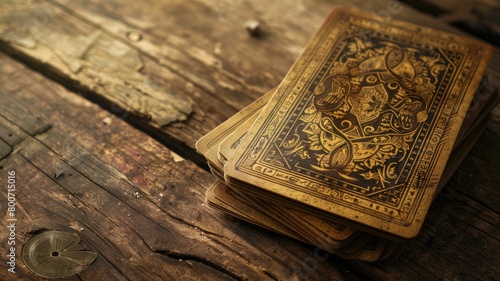 Deck of intricately designed playing cards on wooden surface photo