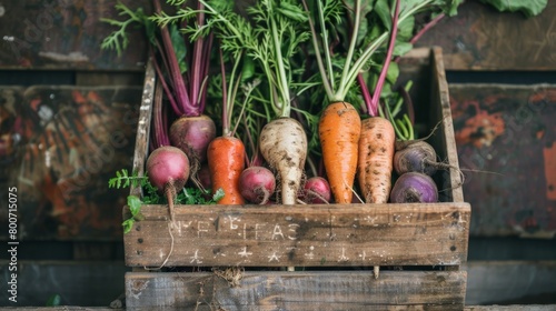 A composition of root vegetables (carrots, turnips, beets) in a wooden box generative ai photo