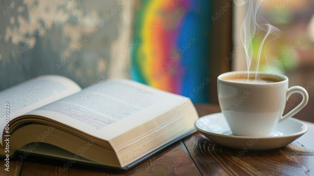 Open book and steaming cup of coffee on wooden surface Open book and steaming cup of coffee on wooden surface