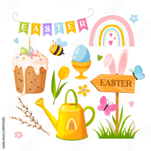 Set of cute cartoon Easter elements with colorful painted eggs, Easter cake, spring flowers, and another holiday elements isolated on white background.

