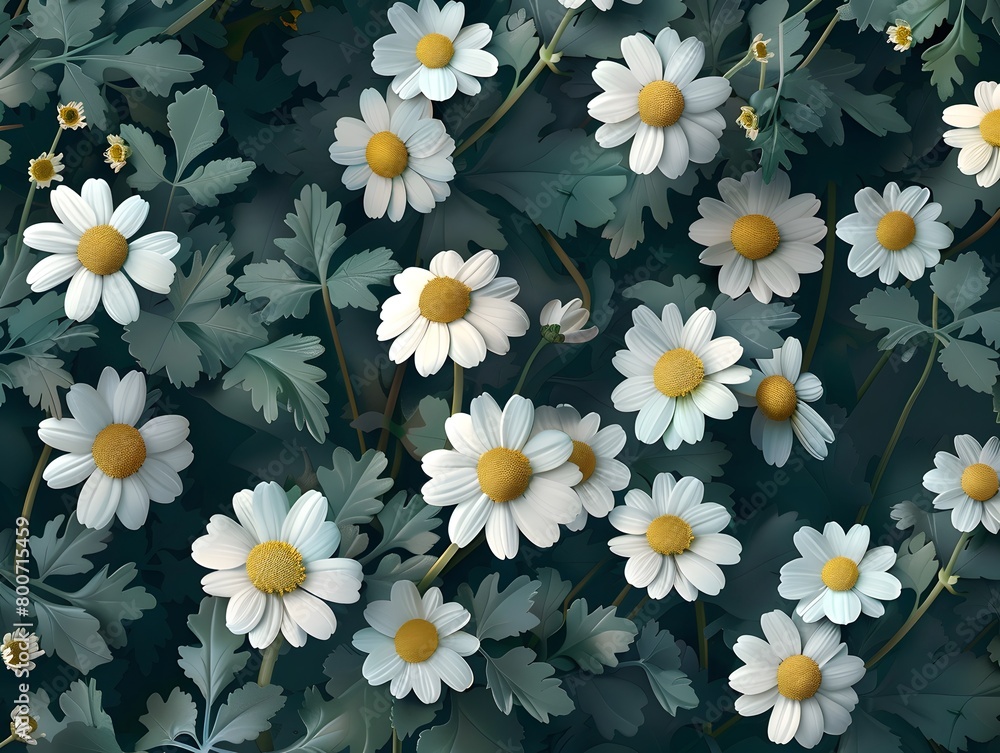 Illustrate a Mesmerizing Close-up of Delicate Feverfew Blooms, Emphasizing Their Beauty and Potential Therapeutic Qualities Illustrate a Mesmerizing Close-up of Delicate Feverfew Blooms, Emphasizing Their Beauty and Potential Therapeutic Qualities