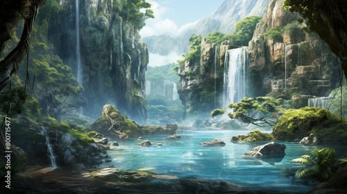 A majestic waterfall cascading down rugged cliffs into a crystal-clear pool below, surrounded by lush greenery. 