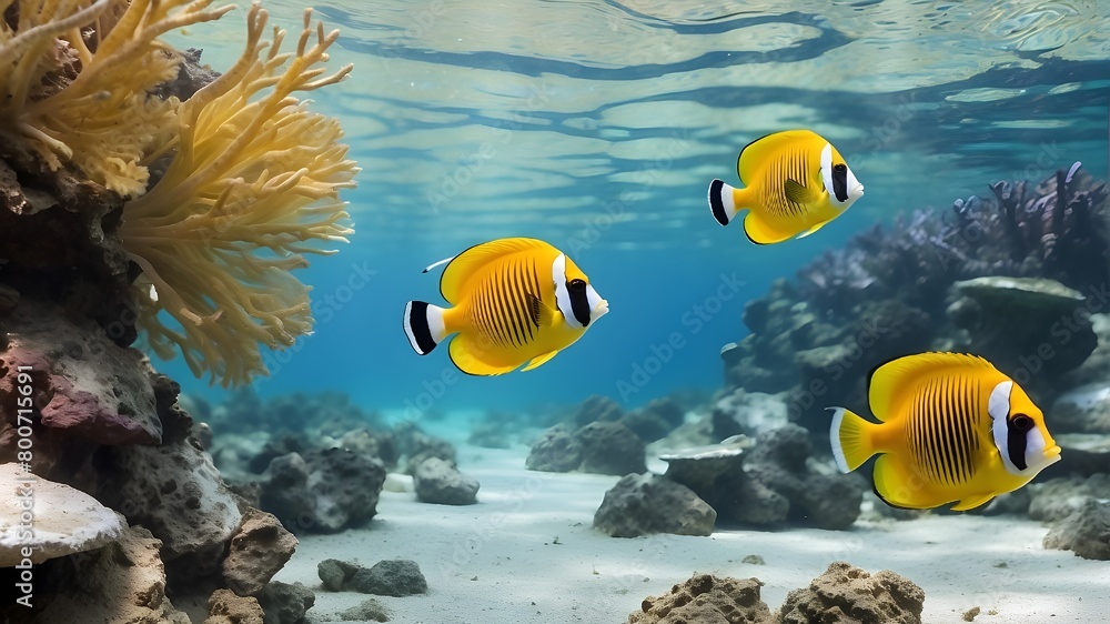 Fototapeta premium Underwater web banner with copy space, yellow tropical fish against a panoramic water background, and three-spot angelfish (Apolemichthys trimaculatus)Delphotostock