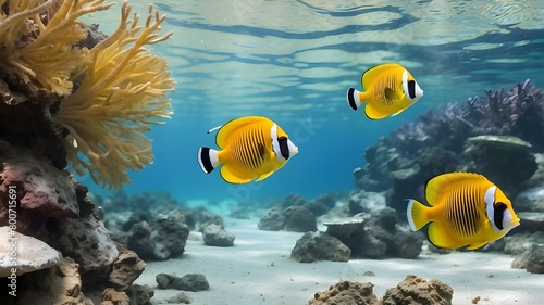Underwater web banner with copy space, yellow tropical fish against a panoramic water background, and three-spot angelfish (Apolemichthys trimaculatus)Delphotostock