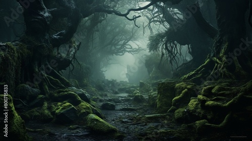 A mystical forest shrouded in fog, with ancient trees cloaked in moss and mysterious creatures lurking in the shadows. 