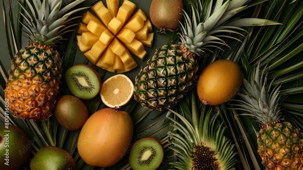 Fototapeta premium A composition of tropical fruits (kiwis, pineapples, mangoes) on a palm leaf background generative ai