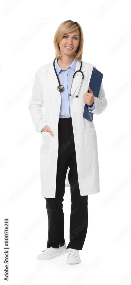 Smiling doctor with clipboard on white background Smiling doctor with clipboard on white background