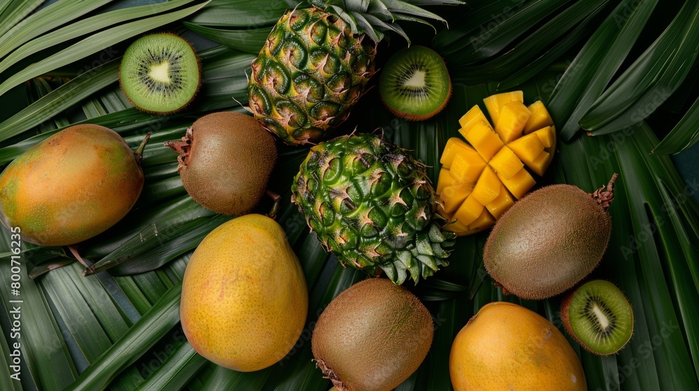 A composition of tropical fruits (kiwis, pineapples, mangoes) on a palm leaf background generative ai