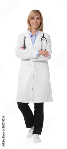 Smiling doctor with crossed arms on white background