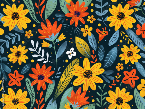 Arrière-plan noir avec fleurs multicolores, plantes et feuillages pour symboliser les fleurs des champs, tiges et graines, 70s ou 60s esthétique photo