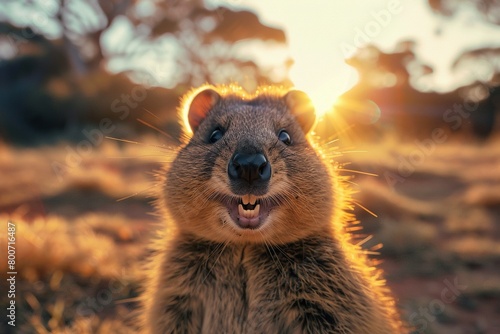 A captivating smiling quokka is looking at the camera at sunset. Australian fauna. photo