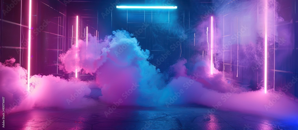 Fototapeta premium 3D rendering. Futuristic garage space filled with thick smoke and neon lights