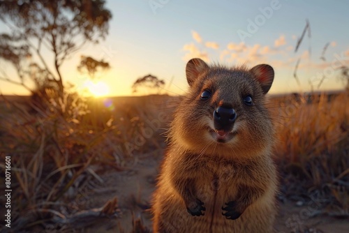 A friendly smiling quokka is looking at the camera at sunset. Australian fauna.
