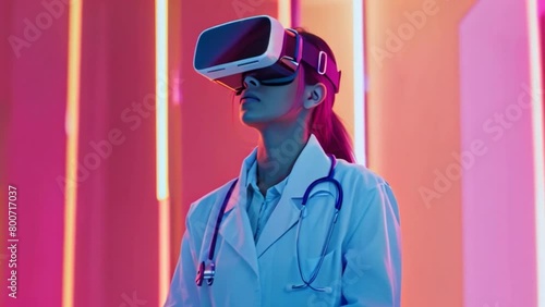 Doctor Experiencing Virtual Reality in a Neon-Lit Room