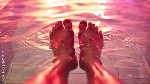 A persons feet immersed in a shallow pool of water beneath an infrared heat lamp providing relief to their arthritic toes and ankles.. photo