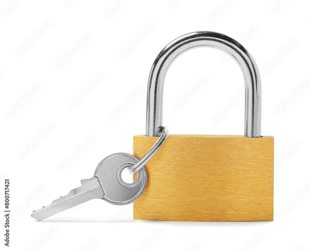 Steel padlock and key isolated on white Steel padlock and key isolated on white