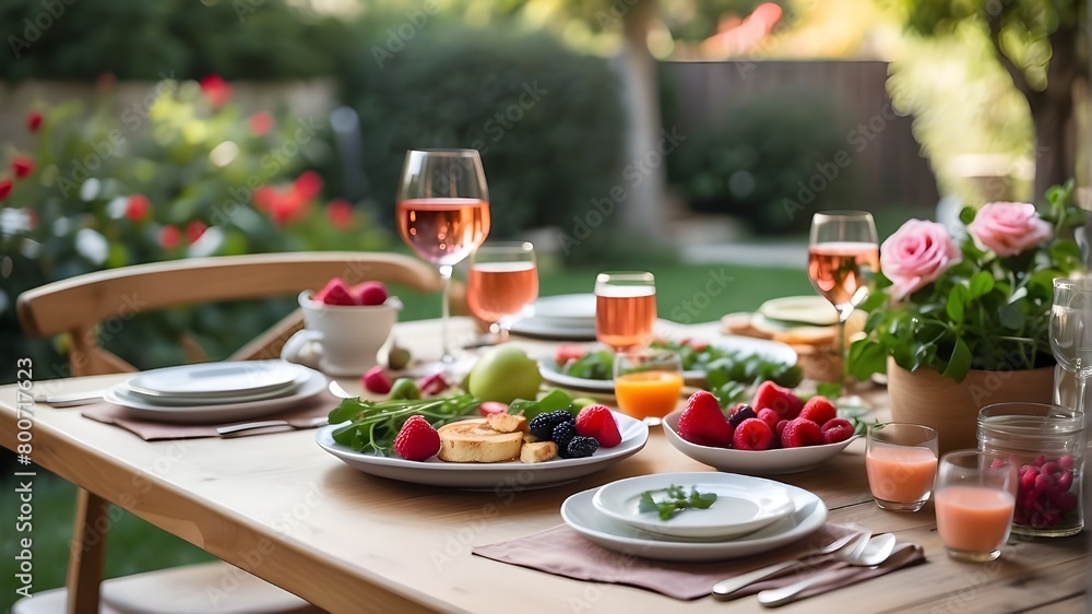 A table for a holiday summer breakfast party outside in a backyard complete with organic veggies, a glass of rosé wine, a fresh drink, and appetizers