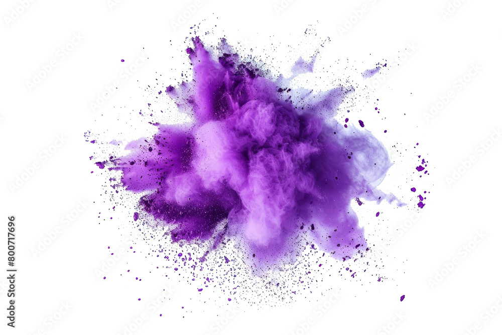 bright purple paint color powder festival explosion burst isolated white background.	