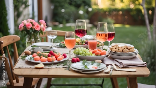 A table for a holiday summer breakfast party outside in a backyard complete with organic veggies, a glass of rosé wine, a fresh drink, and appetizers